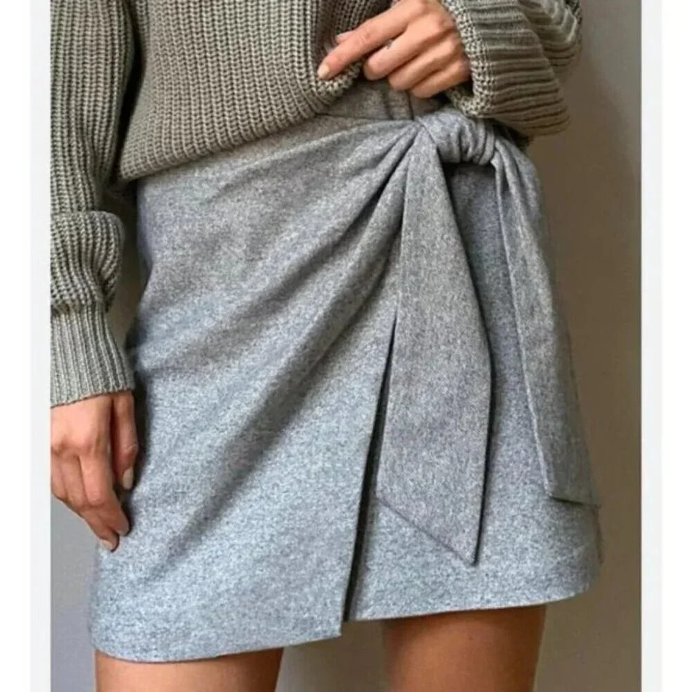 Aritzia Wilfred New Wrap Front Tie Wool Cashmere Blend Skirt Light Grey 6